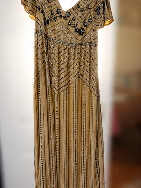 ASOS Gold Beaded V-Neck Maxi Dress with Black Sequin Detail